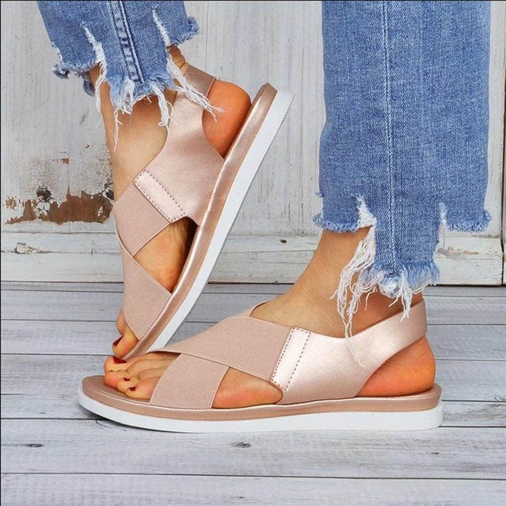 Slip-on sandals Stevvex blush pink elastic textile straps open-toe flat sandals on Tampa Home & Garden Store
