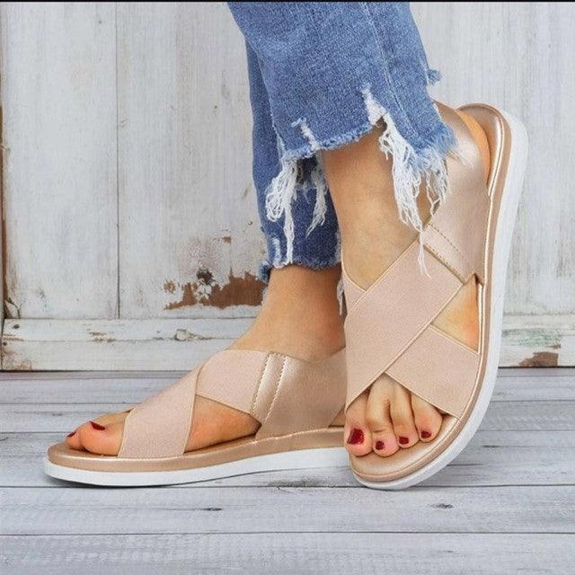 Stevvex slip-on sandals beige elastic criss-cross straps open toe with white sole on Tampa Home & Garden Store
