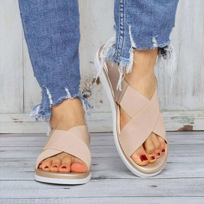 Women's slip-on sandals with elastic cross straps in nude textile, lightweight sole Stevvex on Tampa Home & Garden Store