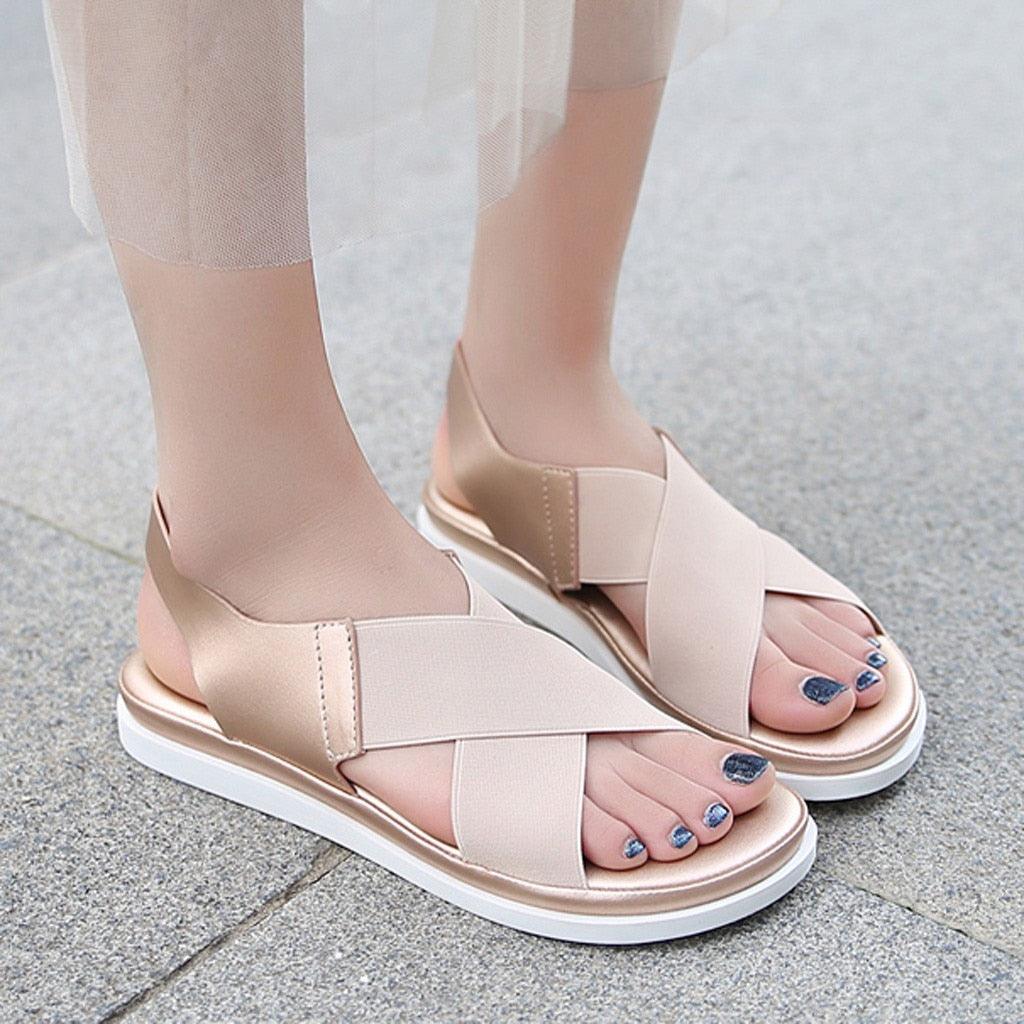 Stevvex Slip-On Sandals beige elastic textile crisscross straps, lightweight flat sole on Tampa Home & Garden Store