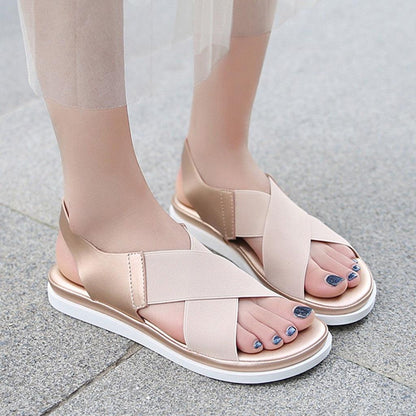 Stevvex Slip-On Sandals beige elastic textile crisscross straps, lightweight flat sole on Tampa Home & Garden Store