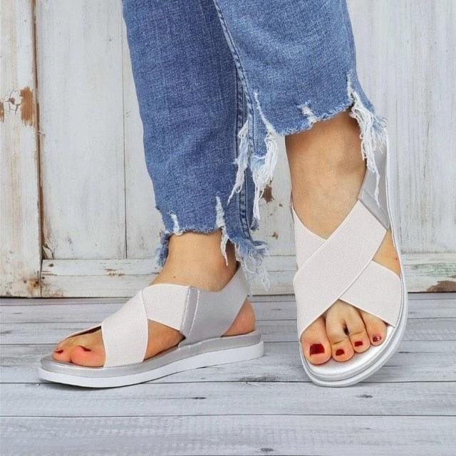 Stevvex cream-white elastic crisscross slip-on sandals with open toe and flat sole on Tampa Home & Garden Store
