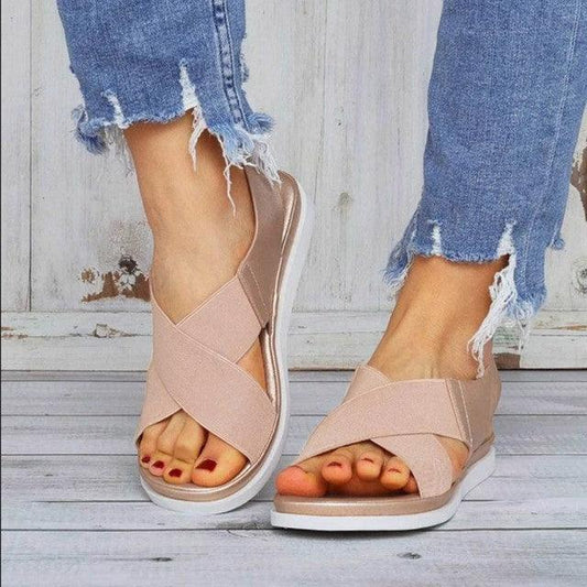 Stevvex Summer Comfy Slip On Women Sandals nude crisscross elastic straps pair lightweight sole on Tampa Home & Garden Store