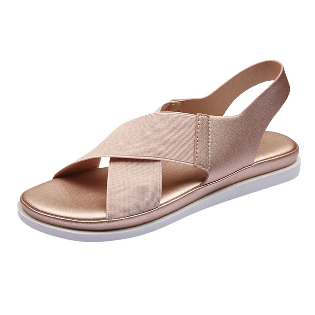Stevvex Summer Comfy Slip-On Women Sandals blush rose elastic cross straps white outsole on Tampa Home & Garden Store