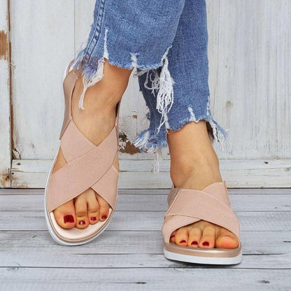 Stevvex Summer Comfy Slip-On Women Sandals with elastic textile cross straps nude-pink on Tampa Home & Garden Store