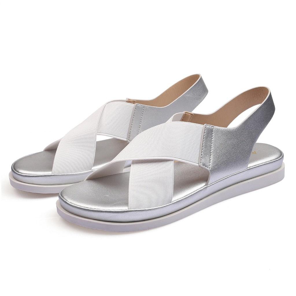 Summer Slip-On Sandals by Stevvex with white elastic cross straps and silver footbed on Tampa Home & Garden Store