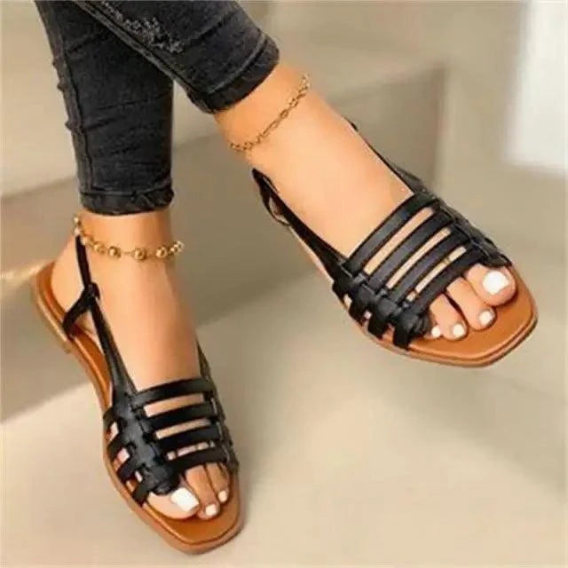 Stevvex Summer Cristal Shine women's black strappy sandals with tan sole open-toe slingback on Tampa Home & Garden Store