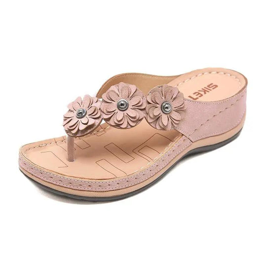 Floral pink thong sandal Stevvex with three flower appliqués, open toe women's summer flats on Tampa Home & Garden Store
