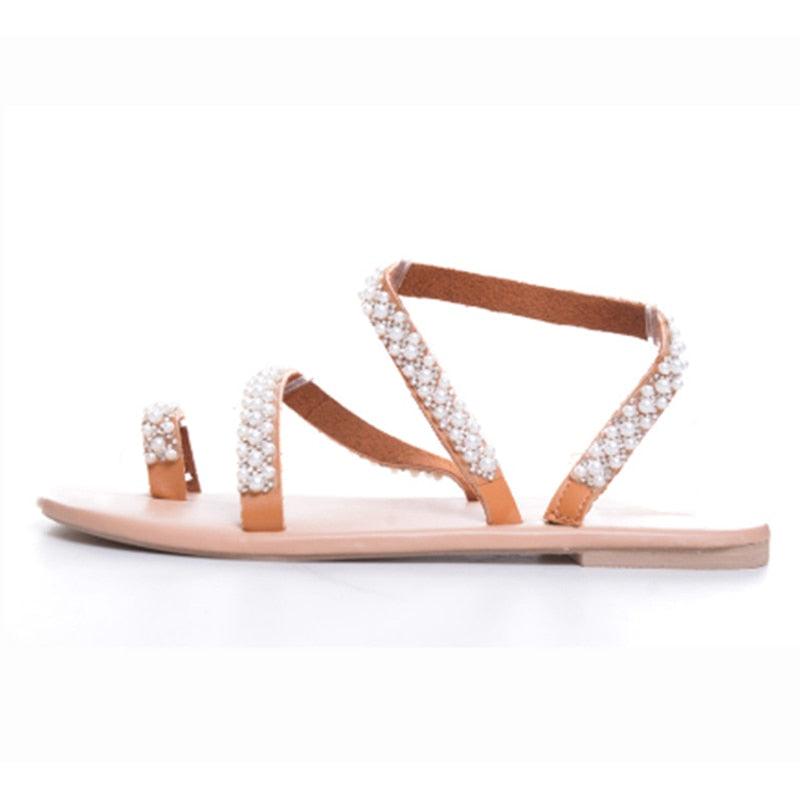 Stevvex leather flat sandals with pearl rhinestone straps open toe nude peach color on Tampa Home & Garden Store