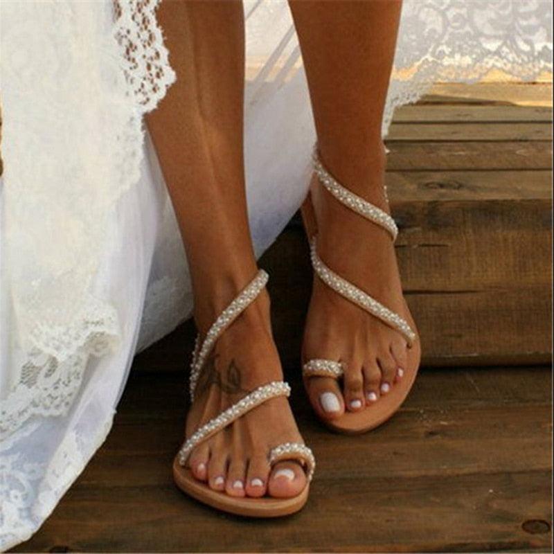 Stevvex pearl-embellished flat sandals open-toe leather beach sandals with crystal straps on Tampa Home & Garden Store