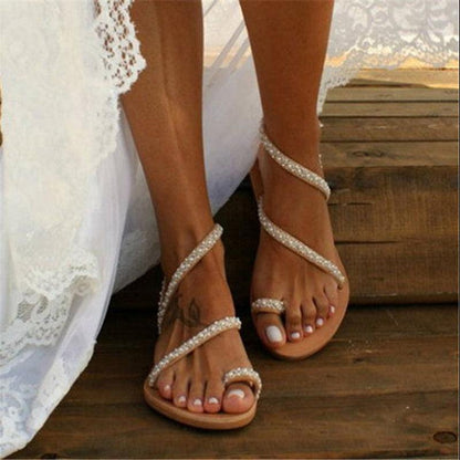 Stevvex pearl-embellished flat sandals open-toe leather beach sandals with crystal straps on Tampa Home & Garden Store