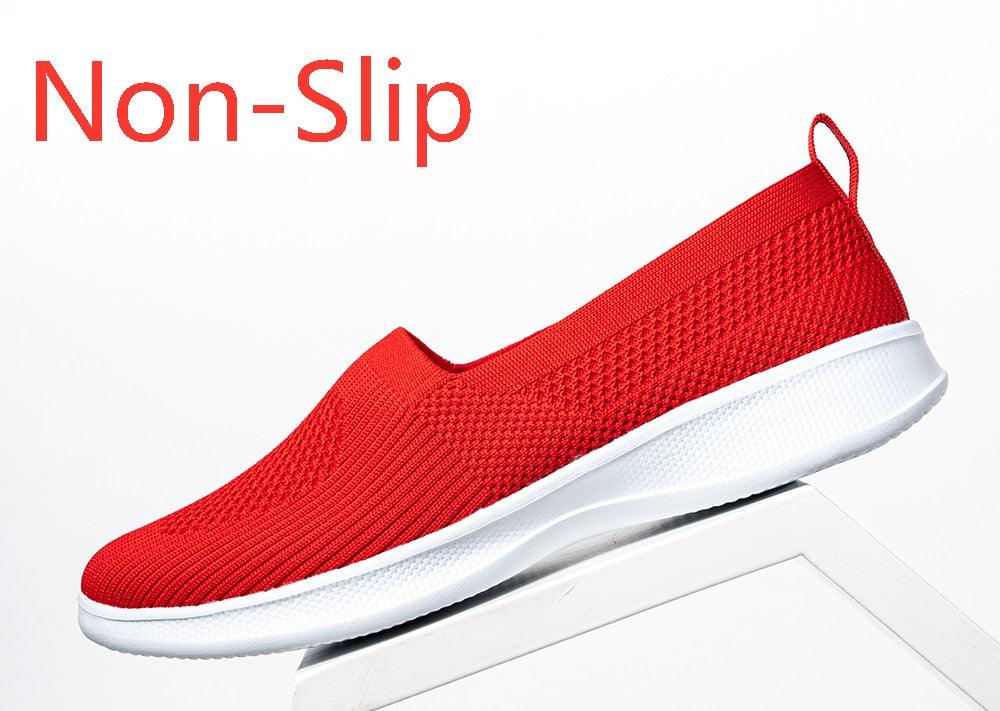 Red knit slip-on women's sneakers by Stevvex with white sole and breathable mesh on Tampa Home & Garden Store