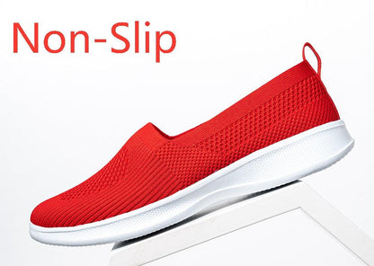Red knit slip-on women's sneakers by Stevvex with white sole and breathable mesh on Tampa Home & Garden Store