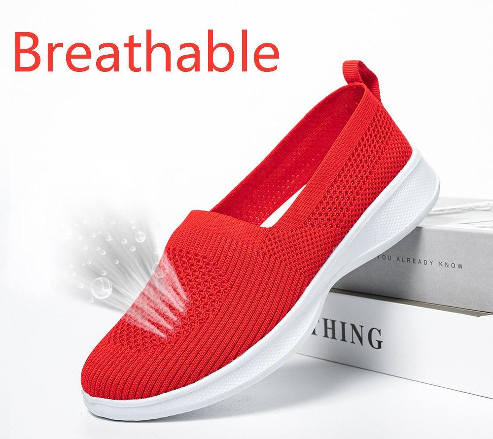 Red knit slip-on sneaker by Stevvex with breathable mesh and white sole on Tampa Home & Garden Store