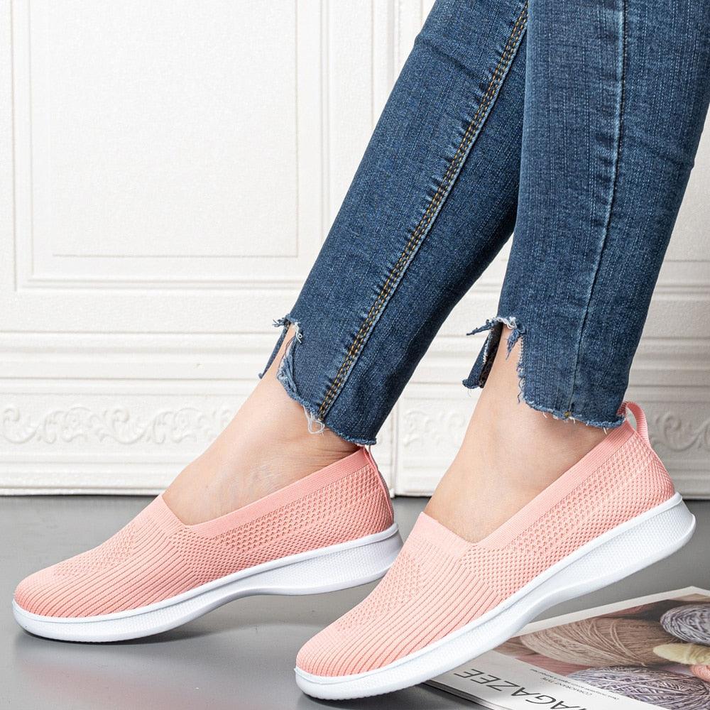 Summer Knitting Sock Women's Slip-On Sneakers pink knit mesh with white sole Stevvex on Tampa Home & Garden Store
