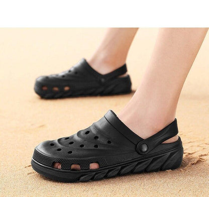 Stevvex black rubber garden sandals with perforated upper and sling strap, beach shoes on Tampa Home & Garden Store