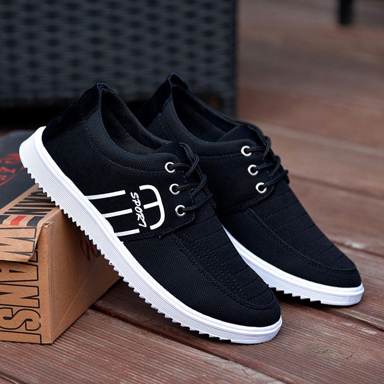 Sneakers Stevvex black breathable canvas, white sole, lace-up casual walking pair on Tampa Home & Garden Store