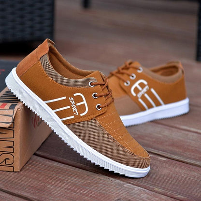 Stevvex tan canvas sneakers with white sole breathable mesh panels side stripes pair on Tampa Home & Garden Store