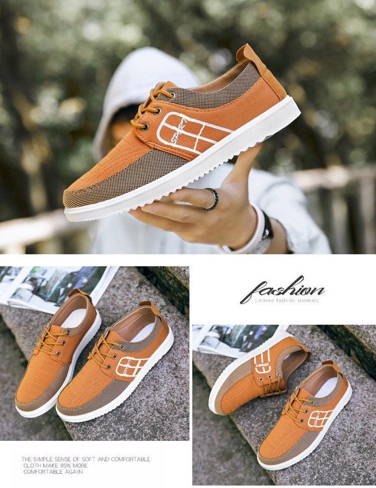 Stevvex orange breathable canvas sneakers for men with white sole and side grid graphic on Tampa Home & Garden Store