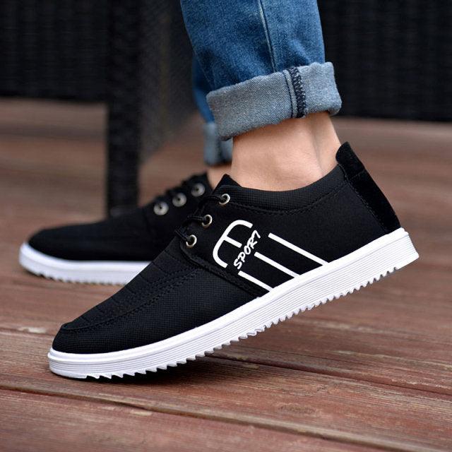 Sneakers Stevvex men's black canvas with white sole and side stripes on Tampa Home & Garden Store