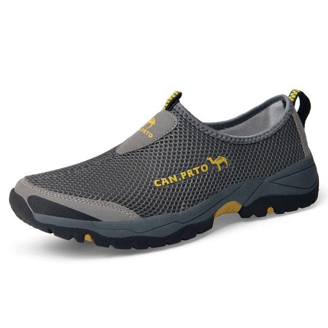 Stevvex mesh sneakers grey breathable slip-on walking shoes with yellow logo on Tampa Home & Garden Store