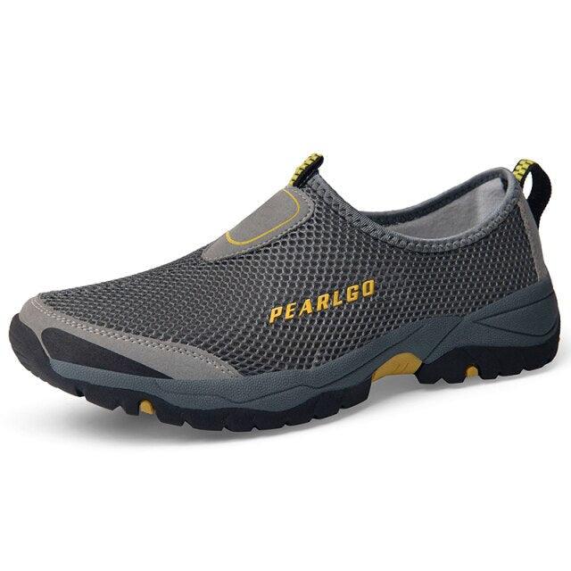 Mesh slip-on men's sneakers PEARLGO gray breathable upper with yellow accents and rugged outsole on Tampa Home & Garden Store