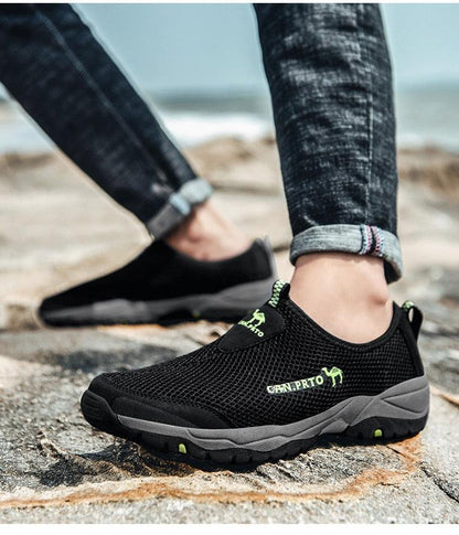 Stevvex men's mesh slip-on sneakers black with lime logo, lightweight walking shoes on Tampa Home & Garden Store