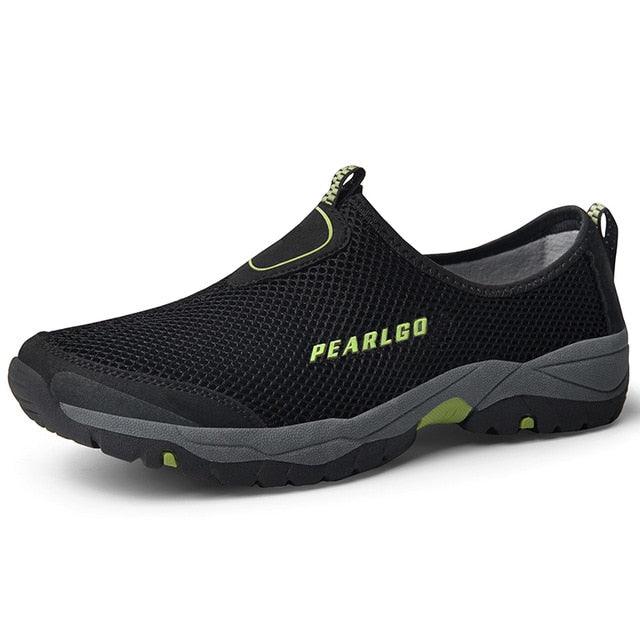 Stevvex men's mesh slip-on sneakers black with Pearlgo logo accents and rugged outsole on Tampa Home & Garden Store