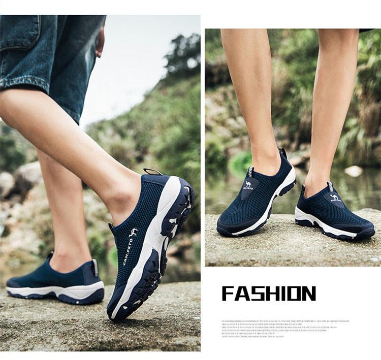 Stevvex navy blue mesh slip-on sneakers for men, breathable walking footwear with white sole on Tampa Home & Garden Store