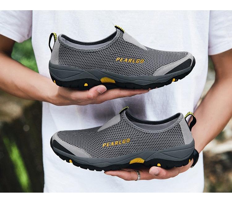 Stevvex Pearlgo grey mesh slip-on sneakers with yellow accents, breathable walking shoes on Tampa Home & Garden Store