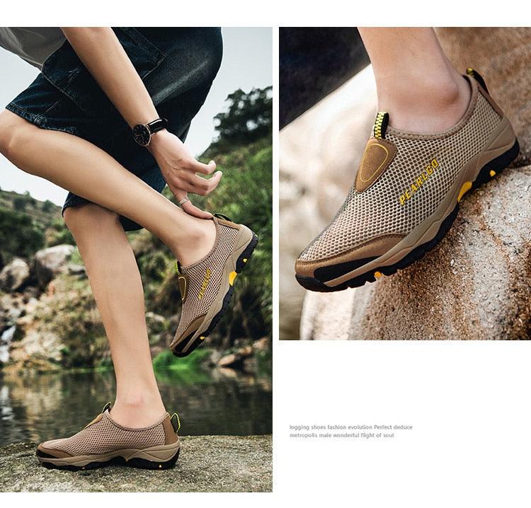 Stevvex men's summer mesh slip-on sneakers beige breathable walking shoes with yellow-outsole on Tampa Home & Garden Store