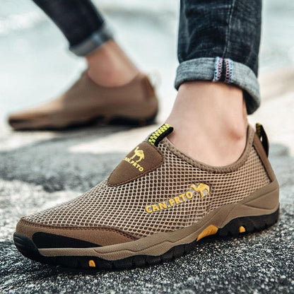 Brown mesh slip-on sneakers; CANPITO logo, two shoes on Tampa Home & Garden Store