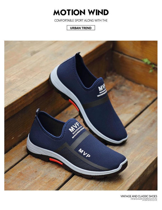 Lightweight and Breathable Men Mesh Sneakers navy slip-on by Stevvex MVP, white sole, red accent on Tampa Home & Garden Store