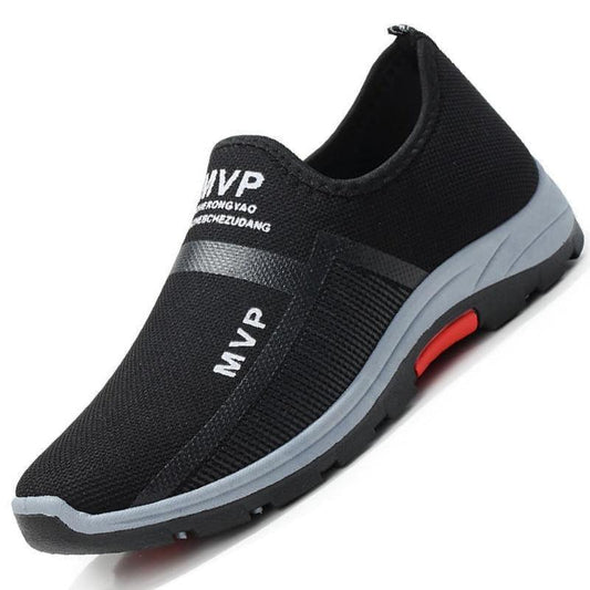 Stevvex lightweight men's mesh sneakers black slip-on knit upper, grey sole with red accent on Tampa Home & Garden Store