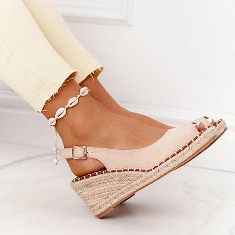 Stevvex Summer Sandals candy pink open-toe platform espadrille with ankle strap buckle on Tampa Home & Garden Store