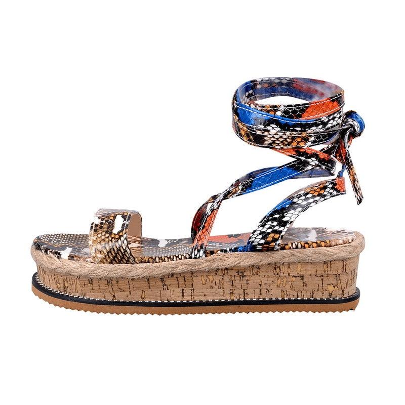 Stevvex women's platform sandals with cork espadrille sole, open toe, ankle buckle and multicolor snakeskin straps on Tampa Home & Garden Store