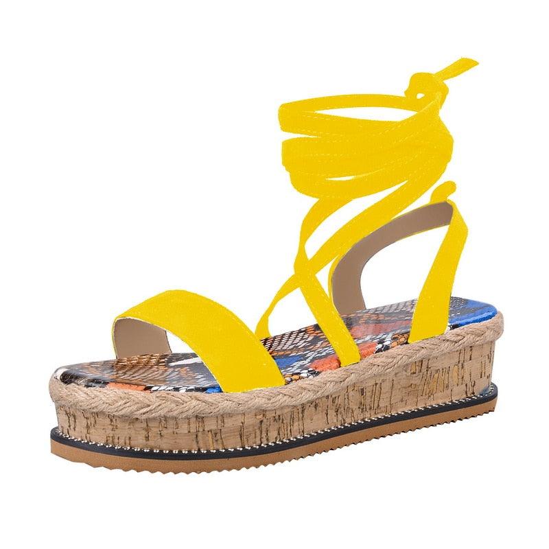 Stevvex yellow ankle-wrap platform espadrille sandals open toe for women on Tampa Home & Garden Store