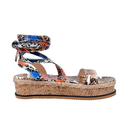 Stevvex platform sandals with snakeskin straps, open toe, ankle wrap cork espadrille sole on Tampa Home & Garden Store