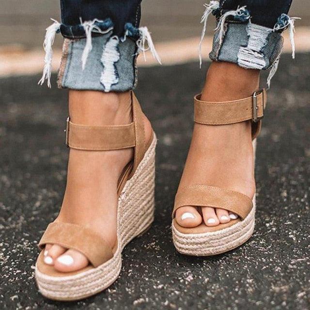 Stevvex tan platform espadrille sandals pair with open toe, ankle strap buckle, wedge heel on Tampa Home & Garden Store
