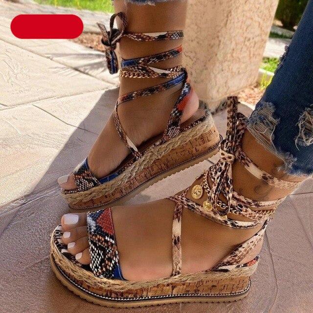 Stevvex candy-color platform espadrille sandals with snake-print straps open toe ankle wrap pair on Tampa Home & Garden Store