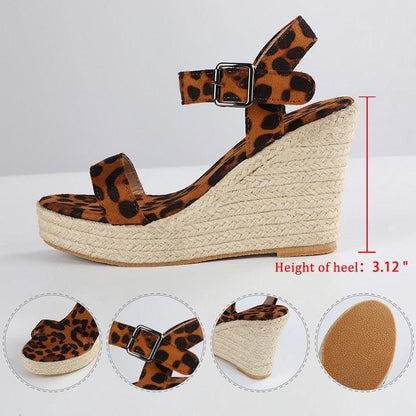 Stevvex leopard print platform sandals with ankle strap buckle and wedge espadrille on Tampa Home & Garden Store