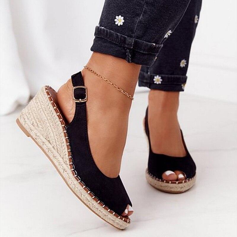 Black espadrille wedge sandals with open toe and ankle strap buckle on Tampa Home & Garden Store