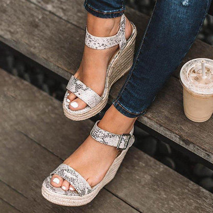 Stevvex women's platform sandals with snakeskin straps, open toe, ankle buckle espadrille wedges on Tampa Home & Garden Store