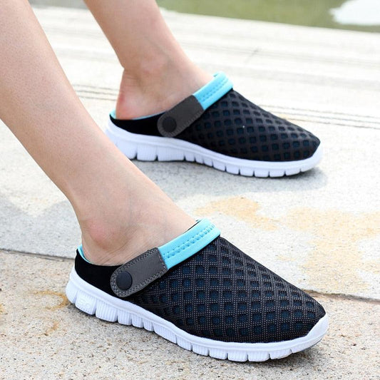 Stevvex men's breathable mesh sandals with black upper and blue strap, white sole on Tampa Home & Garden Store