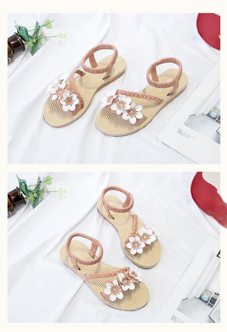Stevvex women's floral sandals with elastic ankle strap, beige braided sole on Tampa Home & Garden Store