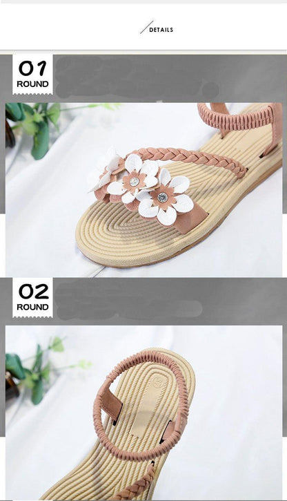 Stevvex floral sandals for women, beige ankle strap with white flower accents, flat beach sandal on Tampa Home & Garden Store