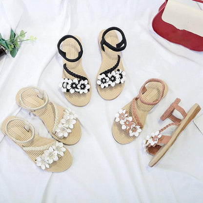 Stevvex floral-strap flat sandals with elastic ankle straps and flower appliques in beige on Tampa Home & Garden Store