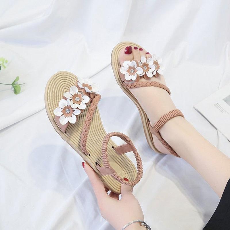 Floral sandals by Stevvex with braided ankle strap and beige flat sole on Tampa Home & Garden Store