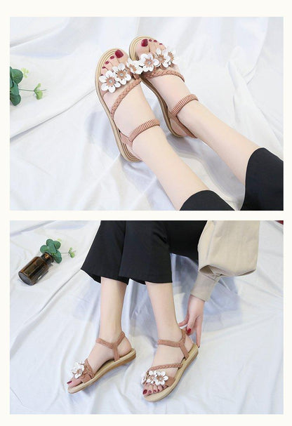 Stevvex floral-embellished flat sandals with braided ankle strap in beige on Tampa Home & Garden Store