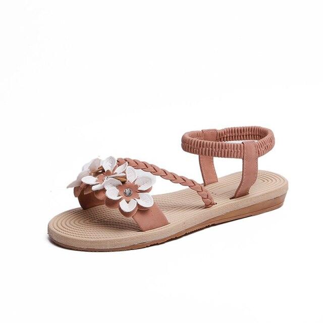 Stevvex women's flat sandals with braided strap and floral embellishments, peach nude ankle-strap sandal on Tampa Home & Garden Store